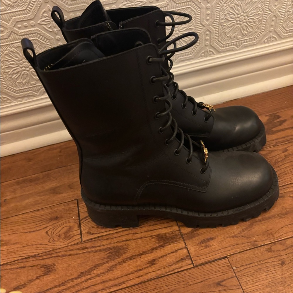 Versace Black Combat Boots with Gold Medallion - Picture 2 of 4